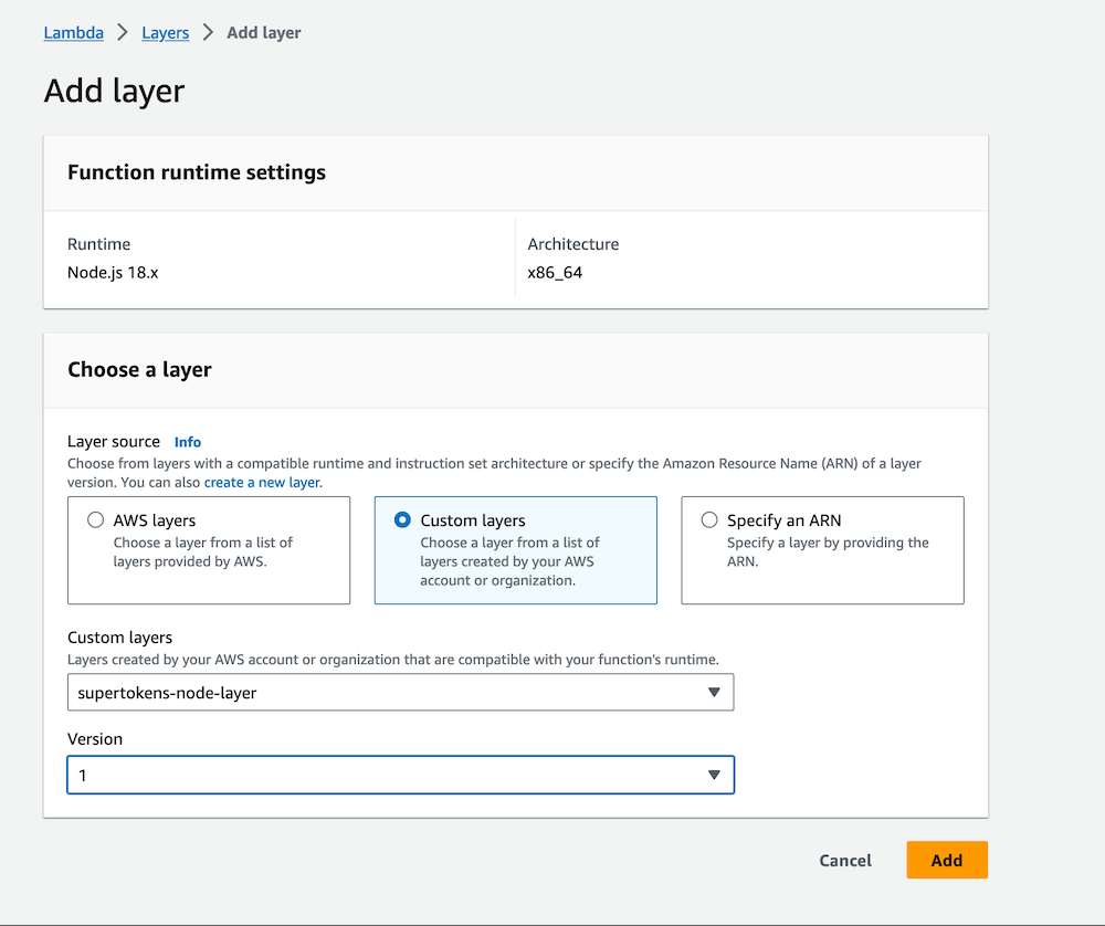 Link custome layer with Lambda function Node